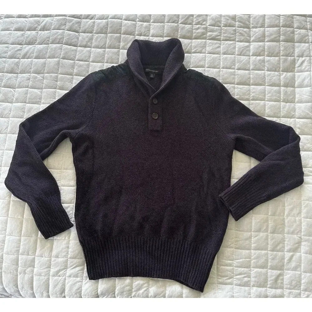 Banana Republic Sweater Mens Dark Purple Shawl Collar Wool Blend Shoulder Patch